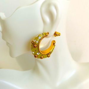 Auth Celine Huggie Hoop Earrings Gold Tone Sage